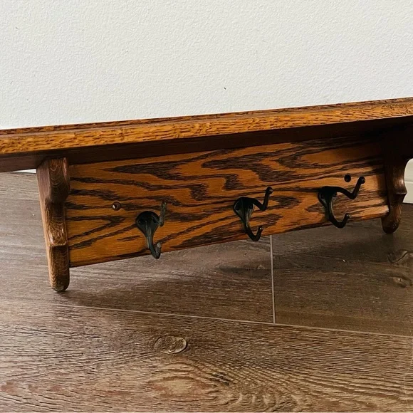 Rustic Brown Wall Shelf with Hooks